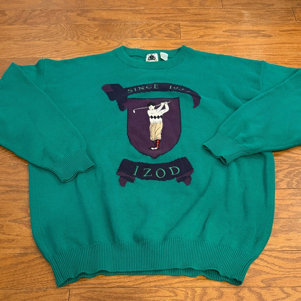Izod Vintage Green Crewneck Sweater with Golf Motif